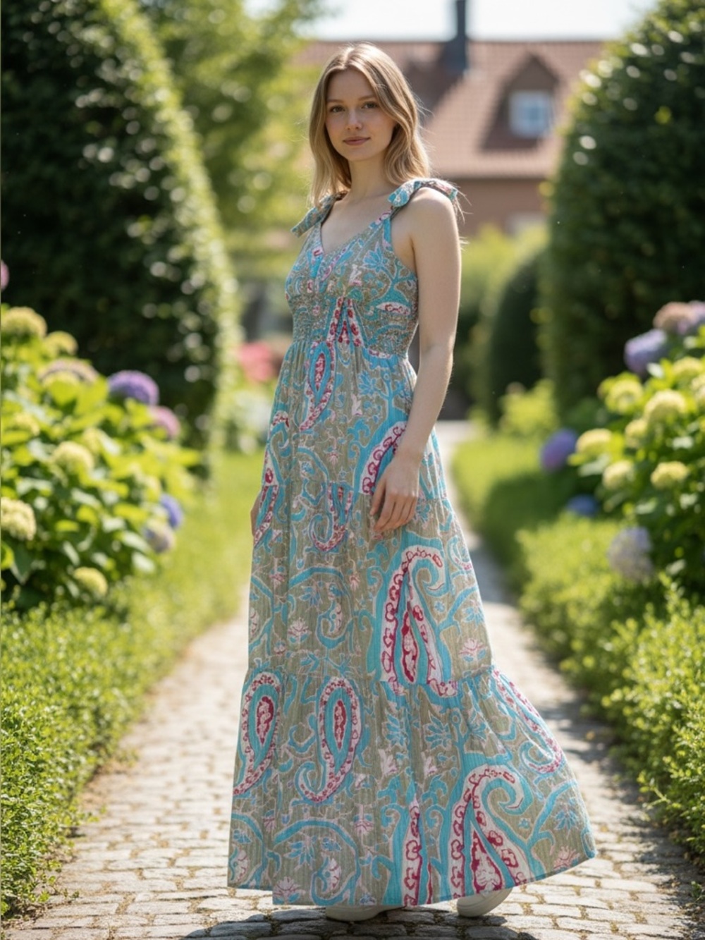 LA PLAGE Tie-Shoulder Paisley Maxi Dress in Aqua and Pink | M | Resort | Preppy